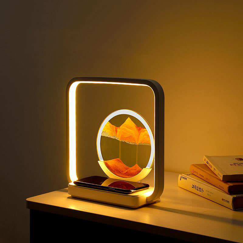 Lampe de table LED à lumière nocturne pour chevet avec peinture sur sable carrée Art déco moderne en métal, ABS, verre de silice, chargement sans fil USB, variateur tactile 