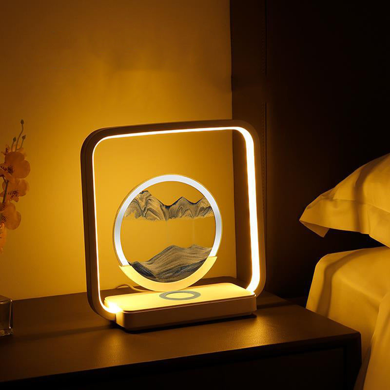 Lampe de table LED à lumière nocturne pour chevet avec peinture sur sable carrée Art déco moderne en métal, ABS, verre de silice, chargement sans fil USB, variateur tactile 