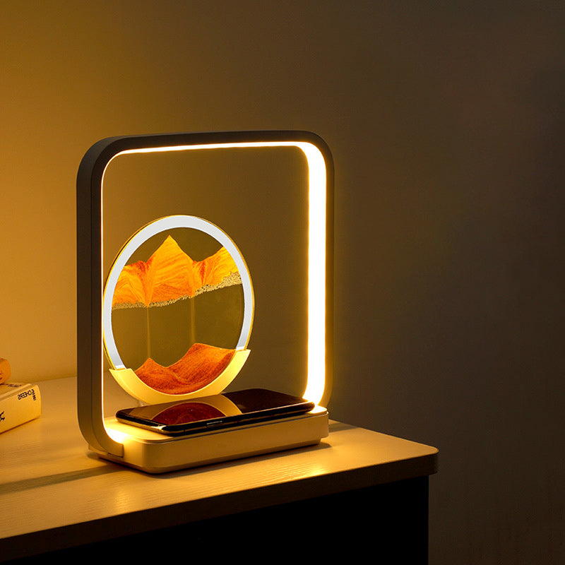 Lampe de table LED à lumière nocturne pour chevet avec peinture sur sable carrée Art déco moderne en métal, ABS, verre de silice, chargement sans fil USB, variateur tactile 