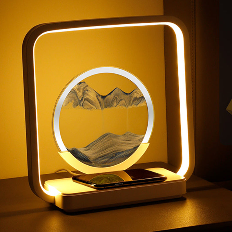 Lampe de table LED à lumière nocturne pour chevet avec peinture sur sable carrée Art déco moderne en métal, ABS, verre de silice, chargement sans fil USB, variateur tactile 
