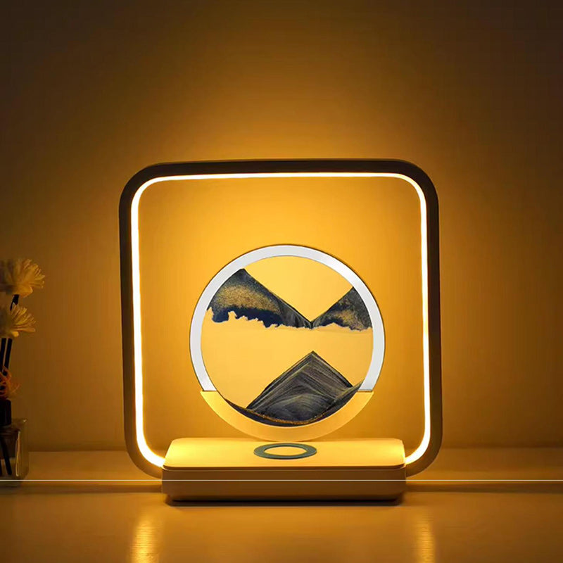 Lampe de table LED à lumière nocturne pour chevet avec peinture sur sable carrée Art déco moderne en métal, ABS, verre de silice, chargement sans fil USB, variateur tactile 