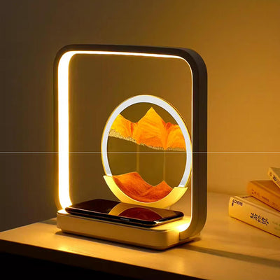 Lampe de table LED à lumière nocturne pour chevet avec peinture sur sable carrée Art déco moderne en métal, ABS, verre de silice, chargement sans fil USB, variateur tactile 