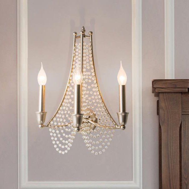 Traditional Vintage Iron Crystal Candle Beads 2/3 Light Wall Sconce Lamp For Hallway