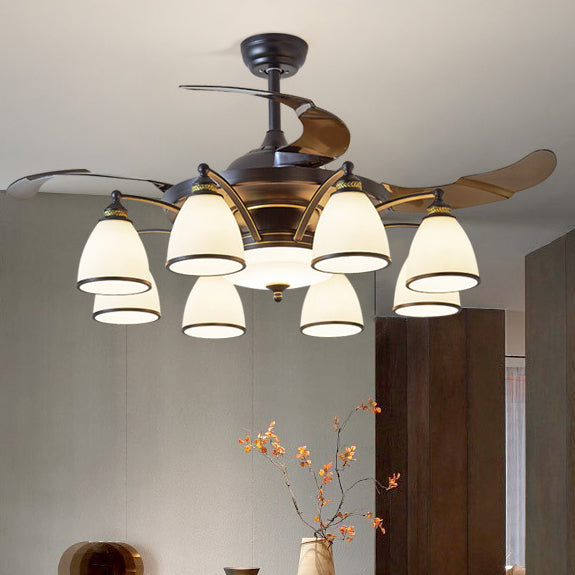 Traditioneller chinesischer Eisen-Glas-Acryl-Glocken-Deckenventilator mit 5/6/8/10 Lichtern für das Wohnzimmer 
