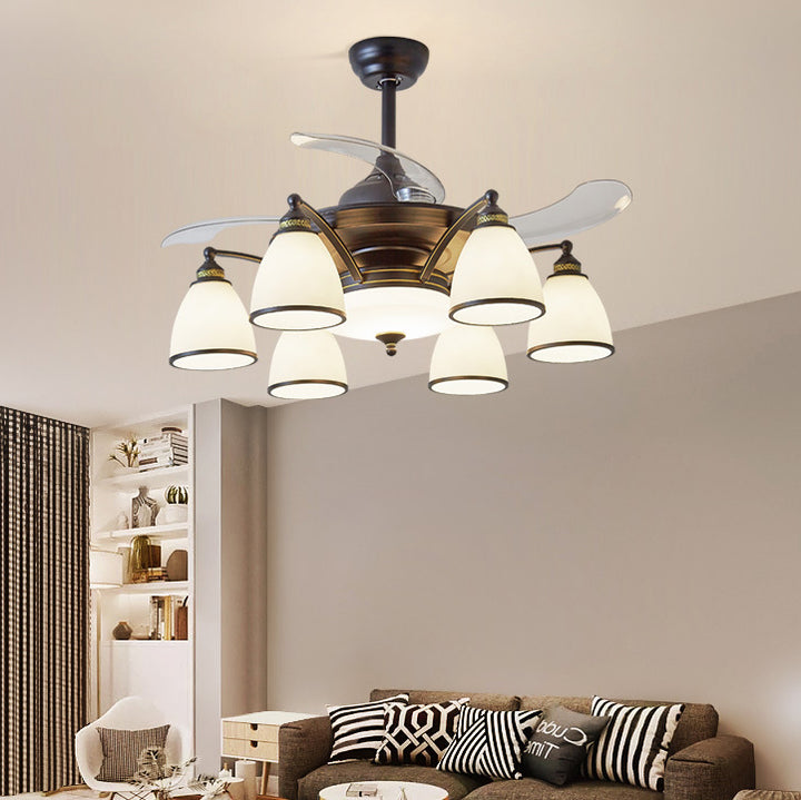 Ventilador de techo con luz de varillas de hierro, vidrio acrílico y campana tradicional china 5/6/8/10 para sala de estar 