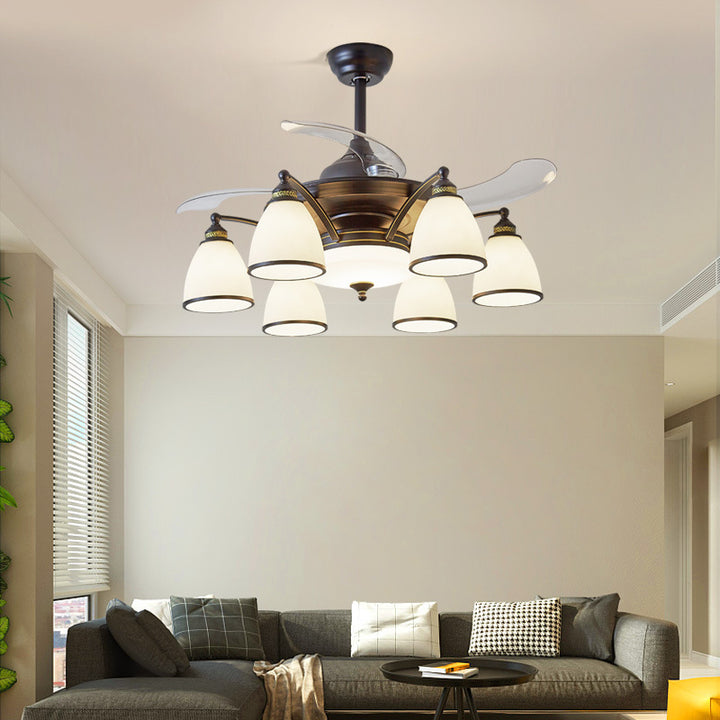 Traditioneller chinesischer Eisen-Glas-Acryl-Glocken-Deckenventilator mit 5/6/8/10 Lichtern für das Wohnzimmer 