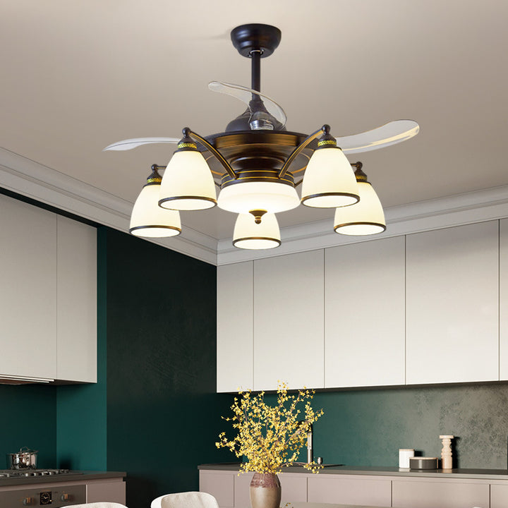 Ventilador de techo con luz de varillas de hierro, vidrio acrílico y campana tradicional china 5/6/8/10 para sala de estar 