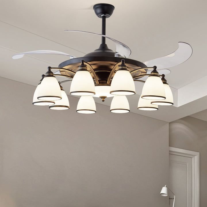 Traditioneller chinesischer Eisen-Glas-Acryl-Glocken-Deckenventilator mit 5/6/8/10 Lichtern für das Wohnzimmer 