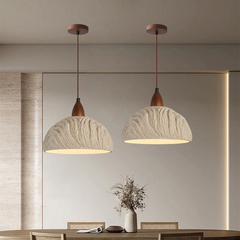 Suspension contemporaine rétro en ciment et bois massif hémisphéroïde à 1 lumière pour salle à manger 