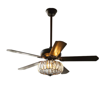 Contemporary Retro Glass Wood Iron Round Floral 2/5 Light Downrods Ceiling Fan Light For Living Room
