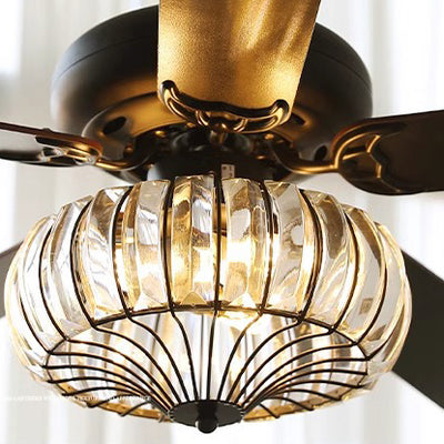 Contemporary Retro Glass Wood Iron Round Floral 2/5 Light Downrods Ceiling Fan Light For Living Room