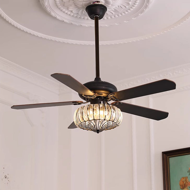 Contemporary Retro Glass Wood Iron Round Floral 2/5 Light Downrods Ceiling Fan Light For Living Room