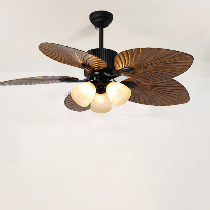 Ventilateur de plafond avec lumière en alliage rétro contemporain ABS cuivre verre cloche feuille de palmier 3/5 lumières pour salon 
