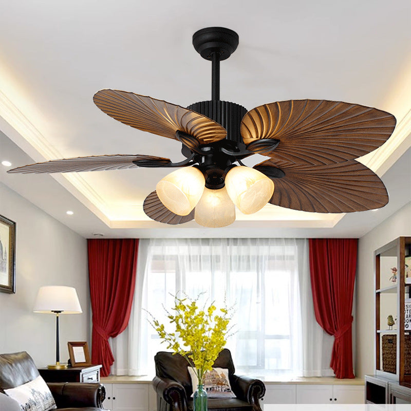 Ventilateur de plafond avec lumière en alliage rétro contemporain ABS cuivre verre cloche feuille de palmier 3/5 lumières pour salon 