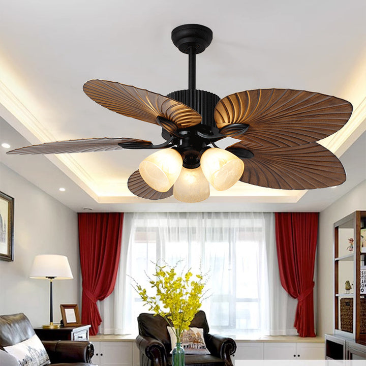 Ventilateur de plafond avec lumière en alliage rétro contemporain ABS cuivre verre cloche feuille de palmier 3/5 lumières pour salon 
