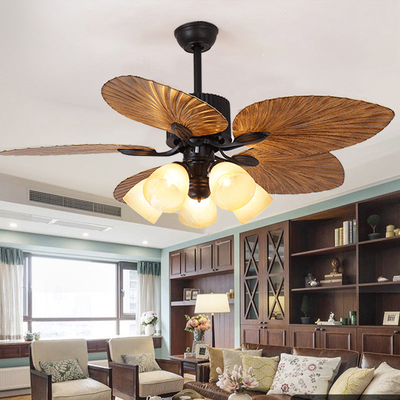 Ventilateur de plafond avec lumière en alliage rétro contemporain ABS cuivre verre cloche feuille de palmier 3/5 lumières pour salon 