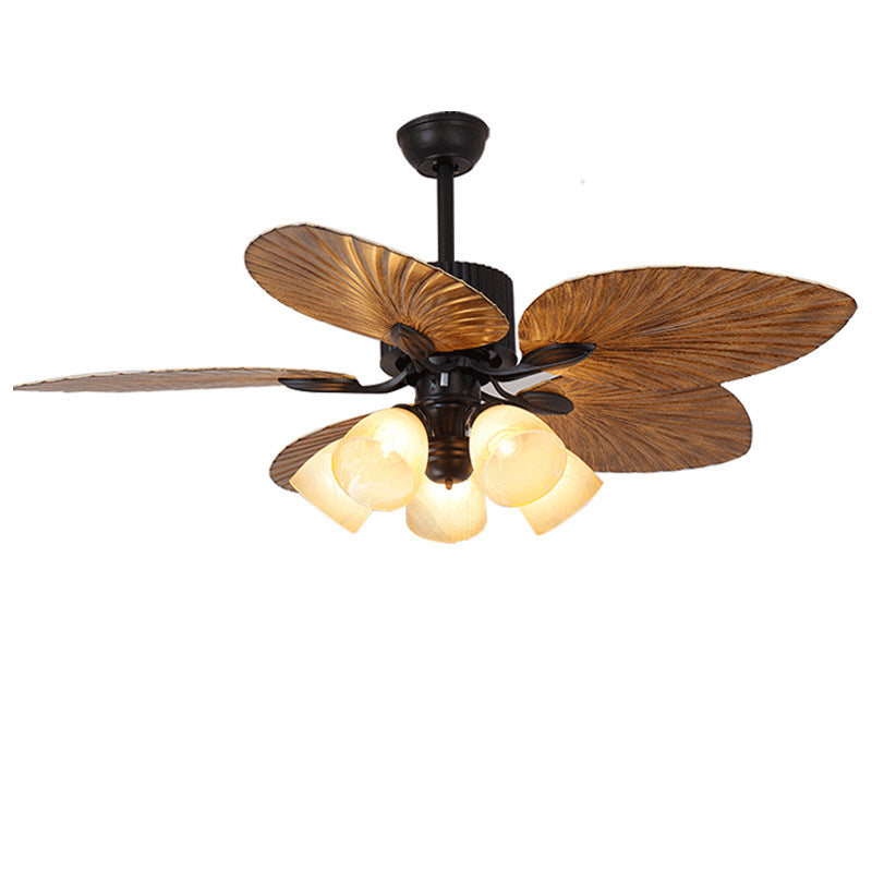 Ventilateur de plafond avec lumière en alliage rétro contemporain ABS cuivre verre cloche feuille de palmier 3/5 lumières pour salon 