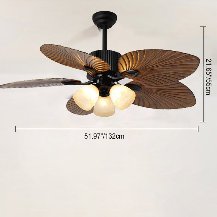 Ventilateur de plafond avec lumière en alliage rétro contemporain ABS cuivre verre cloche feuille de palmier 3/5 lumières pour salon 