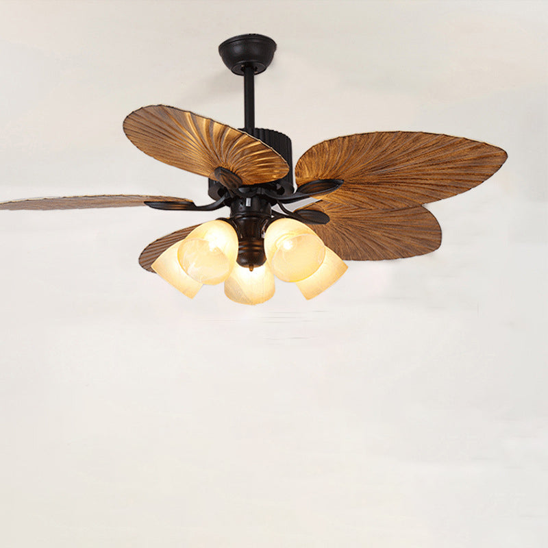 Ventilateur de plafond avec lumière en alliage rétro contemporain ABS cuivre verre cloche feuille de palmier 3/5 lumières pour salon 