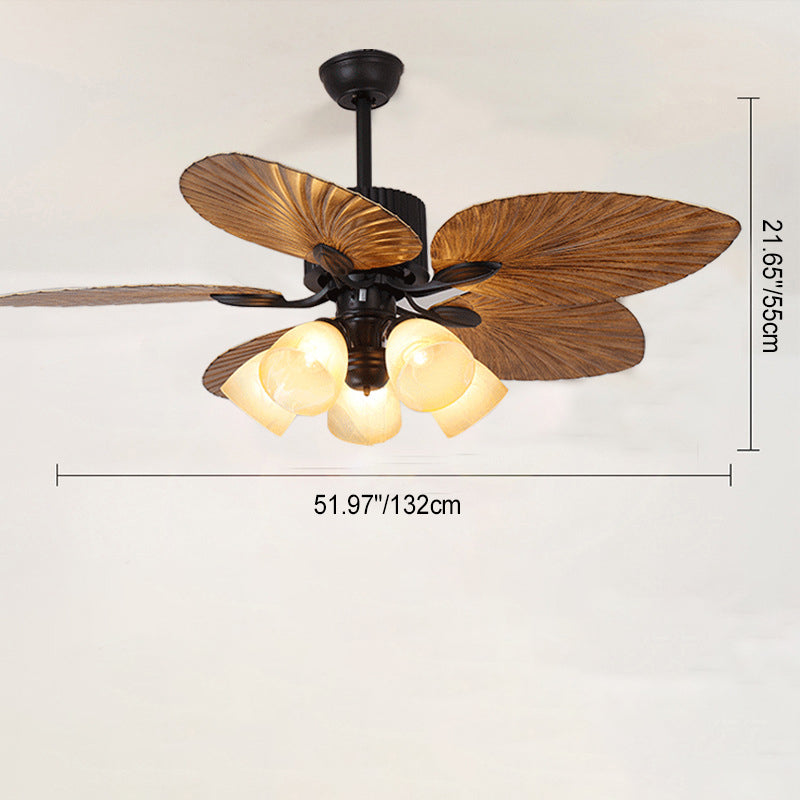 Ventilateur de plafond avec lumière en alliage rétro contemporain ABS cuivre verre cloche feuille de palmier 3/5 lumières pour salon 