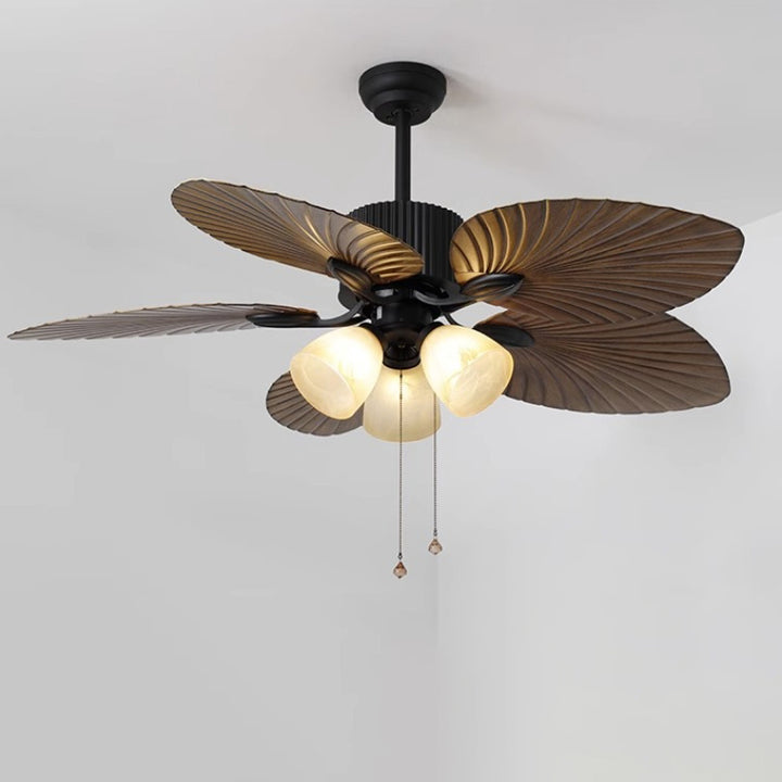 Ventilateur de plafond avec lumière en alliage rétro contemporain ABS cuivre verre cloche feuille de palmier 3/5 lumières pour salon 