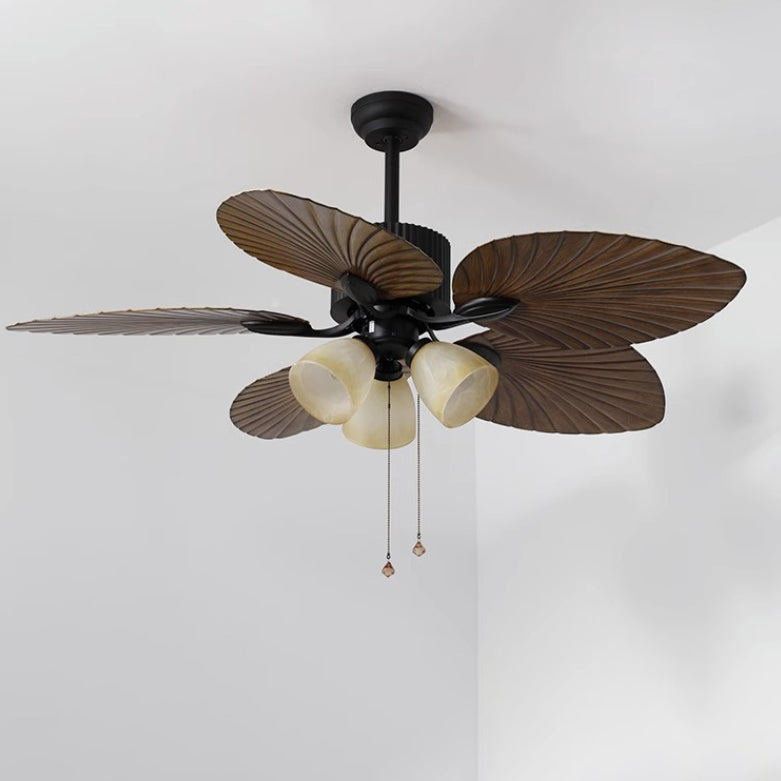 Ventilateur de plafond avec lumière en alliage rétro contemporain ABS cuivre verre cloche feuille de palmier 3/5 lumières pour salon 