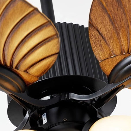 Ventilateur de plafond avec lumière en alliage rétro contemporain ABS cuivre verre cloche feuille de palmier 3/5 lumières pour salon 