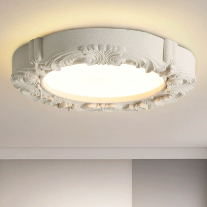 Traditionelle französische Harz Acryl Metall Rundrelief Skulptur LED Deckenleuchte für das Schlafzimmer 