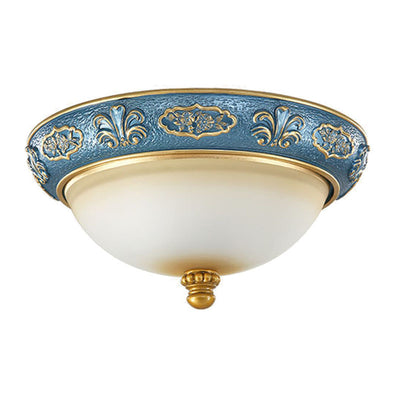 Traditional European Resin Iron Glass Round Dome Carved Pattern 4-Light Flush Mount Ceiling Light For Bedroom