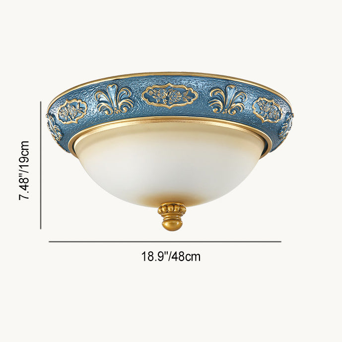 Traditional European Resin Iron Glass Round Dome Carved Pattern 4-Light Flush Mount Ceiling Light For Bedroom