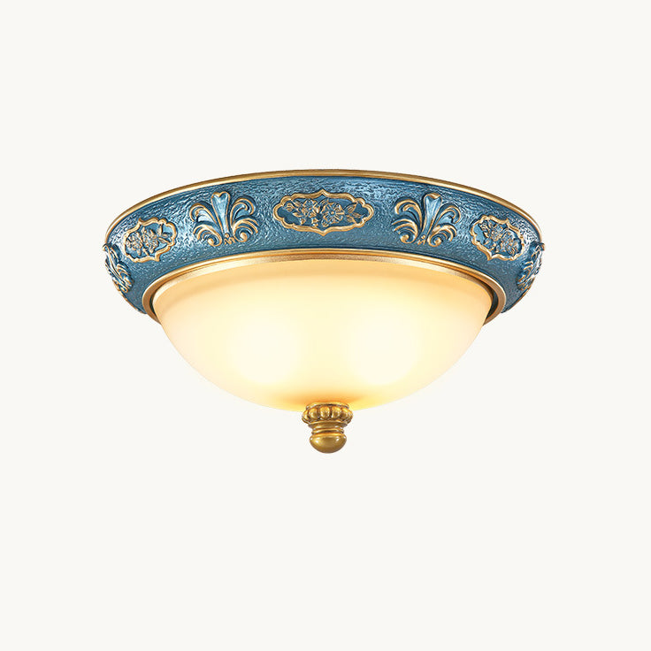Traditional European Resin Iron Glass Round Dome Carved Pattern 4-Light Flush Mount Ceiling Light For Bedroom