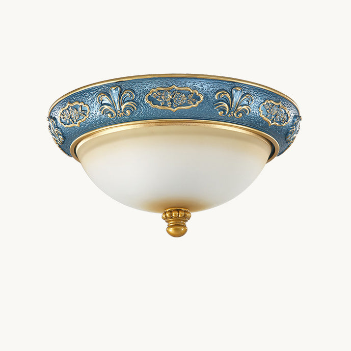 Traditional European Resin Iron Glass Round Dome Carved Pattern 4-Light Flush Mount Ceiling Light For Bedroom