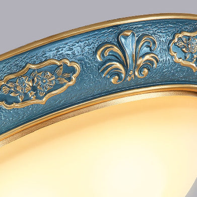 Traditional European Resin Iron Glass Round Dome Carved Pattern 4-Light Flush Mount Ceiling Light For Bedroom