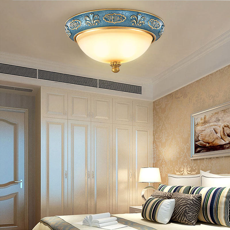 Traditional European Resin Iron Glass Round Dome Carved Pattern 4-Light Flush Mount Ceiling Light For Bedroom