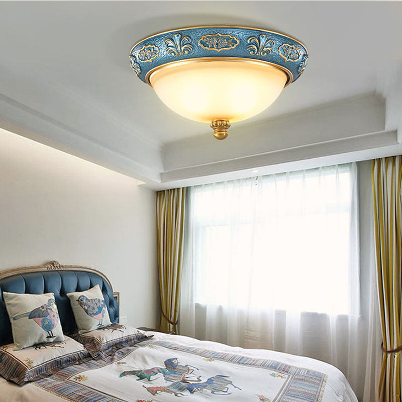 Traditional European Resin Iron Glass Round Dome Carved Pattern 4-Light Flush Mount Ceiling Light For Bedroom