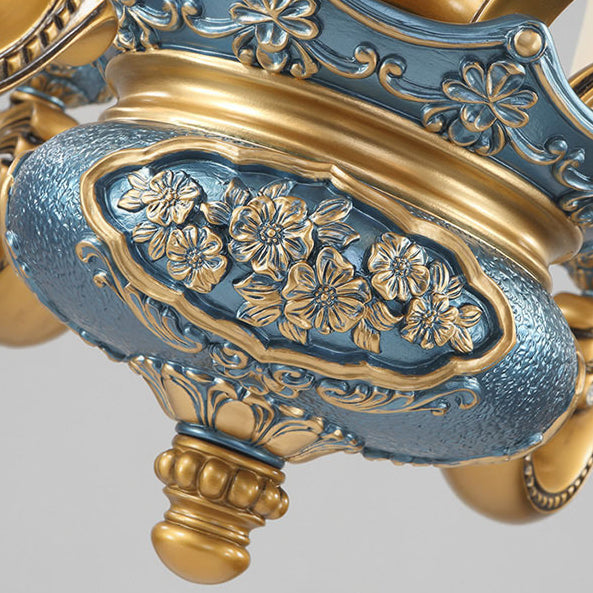 Colonnes rondes en résine de fer et verre européennes traditionnelles avec sculptures, lustres à 3 lumières pour salle à manger 
