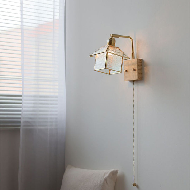Lampe applique murale 1 lumière réglable en bois, cuivre et verre rétro contemporain avec fermeture éclair pour chevet 