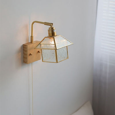 Lampe applique murale 1 lumière réglable en bois, cuivre et verre rétro contemporain avec fermeture éclair pour chevet 