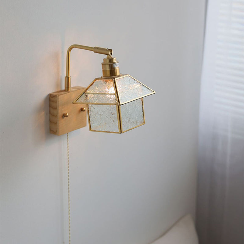 Lampe applique murale 1 lumière réglable en bois, cuivre et verre rétro contemporain avec fermeture éclair pour chevet 