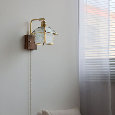 Lampe applique murale 1 lumière réglable en bois, cuivre et verre rétro contemporain avec fermeture éclair pour chevet 