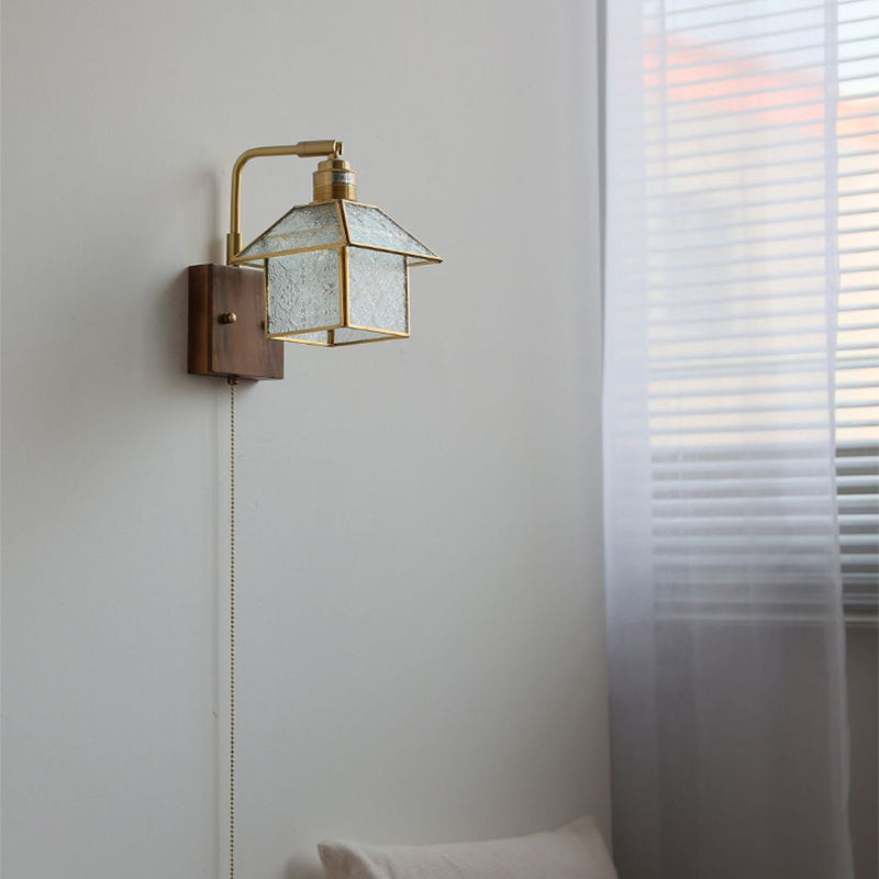 Lampe applique murale 1 lumière réglable en bois, cuivre et verre rétro contemporain avec fermeture éclair pour chevet 