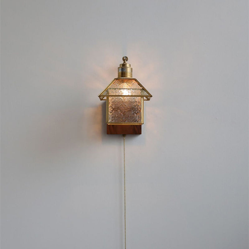 Lampe applique murale 1 lumière réglable en bois, cuivre et verre rétro contemporain avec fermeture éclair pour chevet 