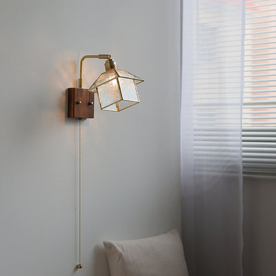 Lampe applique murale 1 lumière réglable en bois, cuivre et verre rétro contemporain avec fermeture éclair pour chevet 