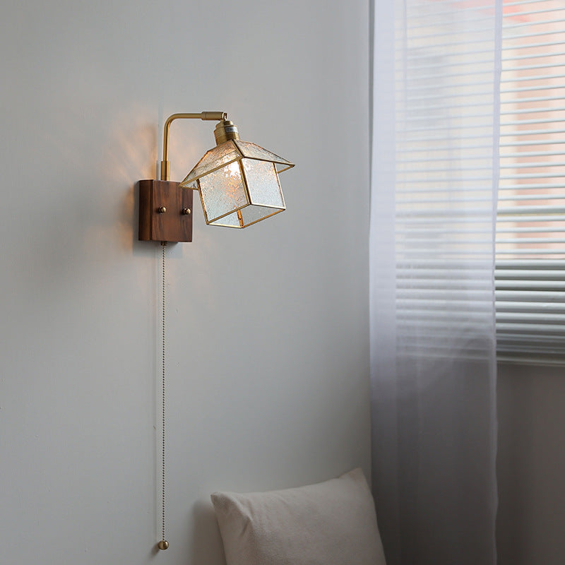Lampe applique murale 1 lumière réglable en bois, cuivre et verre rétro contemporain avec fermeture éclair pour chevet 