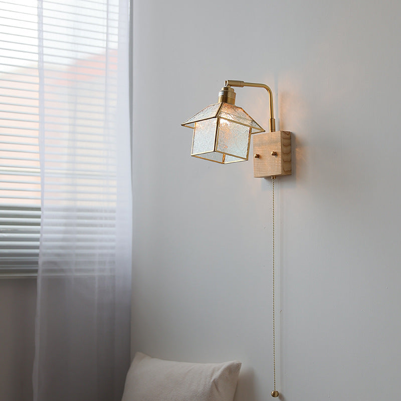 Lampe applique murale 1 lumière réglable en bois, cuivre et verre rétro contemporain avec fermeture éclair pour chevet 