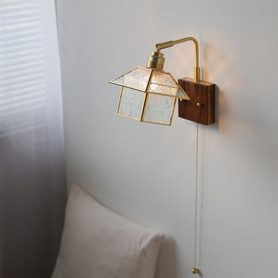 Lampe applique murale 1 lumière réglable en bois, cuivre et verre rétro contemporain avec fermeture éclair pour chevet 