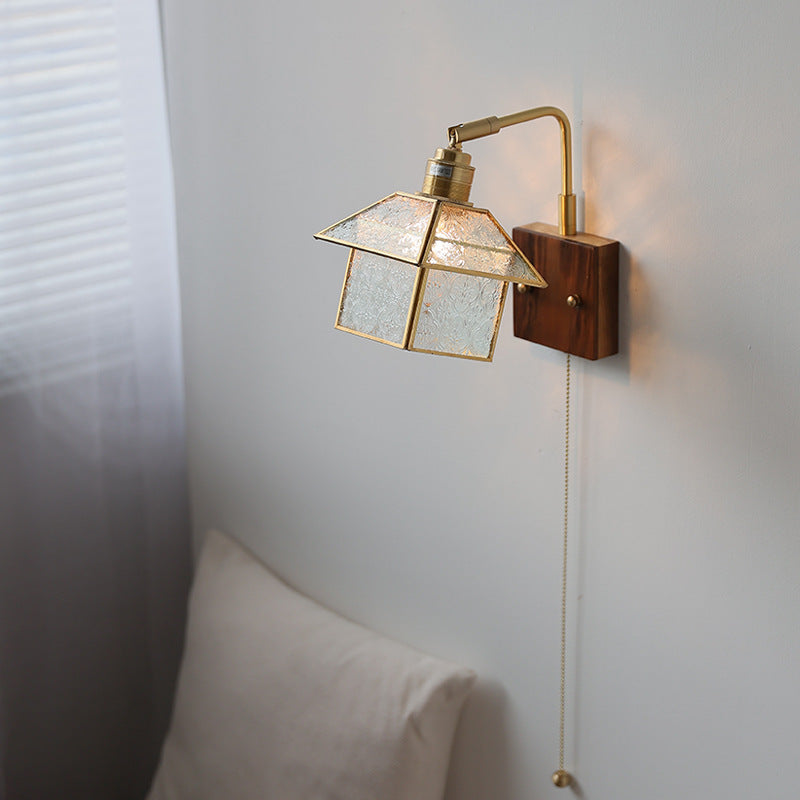 Lampe applique murale 1 lumière réglable en bois, cuivre et verre rétro contemporain avec fermeture éclair pour chevet 