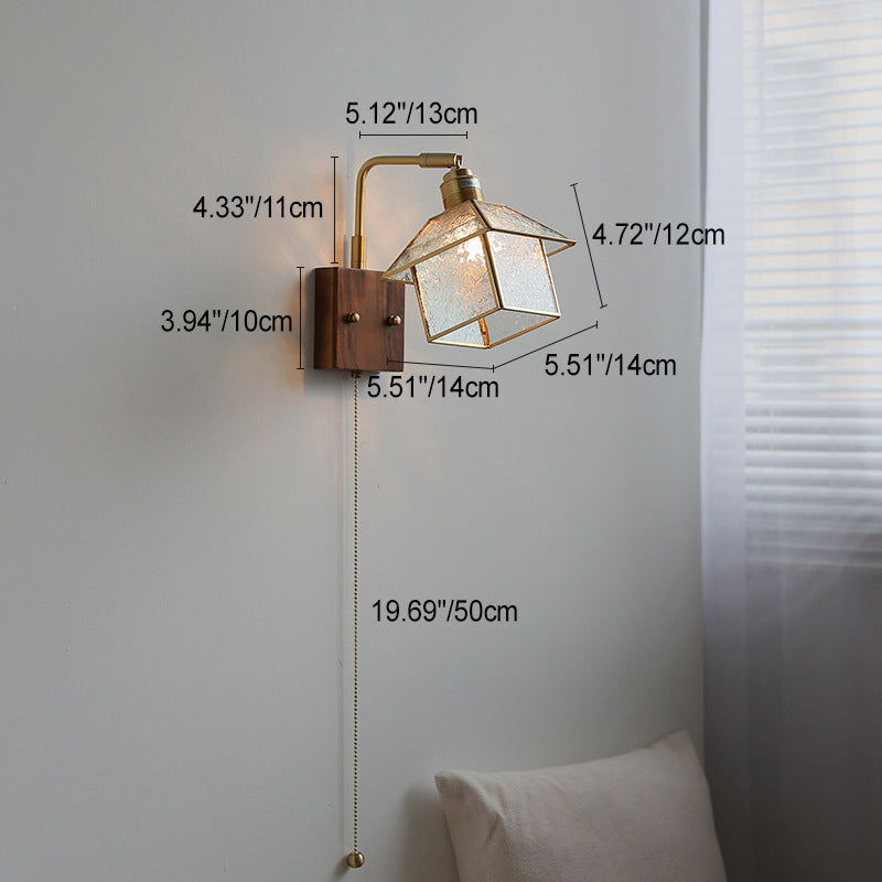 Lampe applique murale 1 lumière réglable en bois, cuivre et verre rétro contemporain avec fermeture éclair pour chevet 