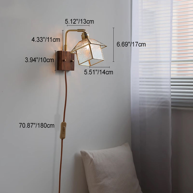 Lampe applique murale 1 lumière réglable en bois, cuivre et verre rétro contemporain avec fermeture éclair pour chevet 