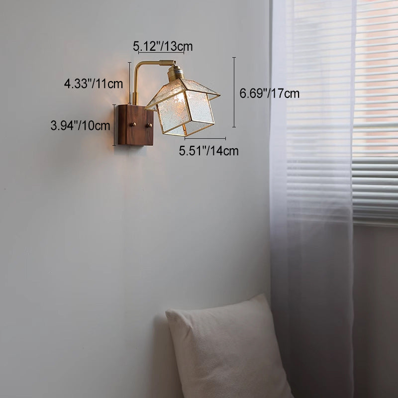 Lampe applique murale 1 lumière réglable en bois, cuivre et verre rétro contemporain avec fermeture éclair pour chevet 
